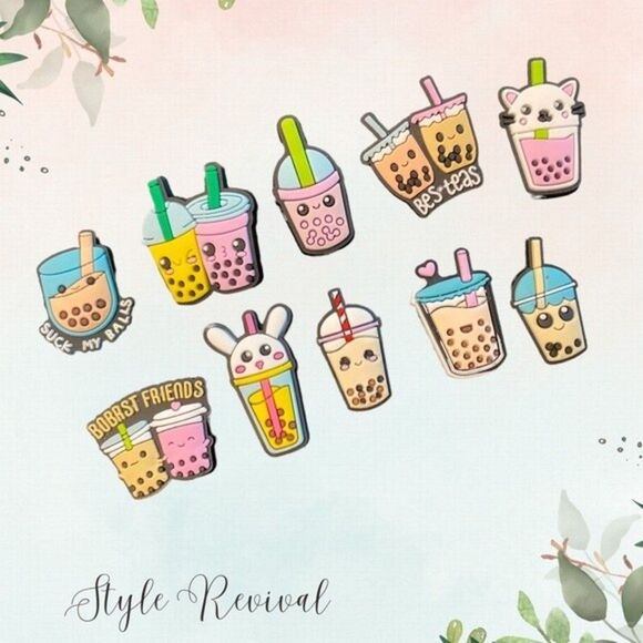 10 Pc Boba Croc Shoe Charm Jibbitz - Boba Tea Milk Cartoon 10 Pc Set - Picture 6 of 6